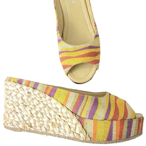 Rainbow Stripe Bohemian Shoes Women 8.5 CL Laundry Boho Wedge Sandals 39 Spring - Picture 1 of 14